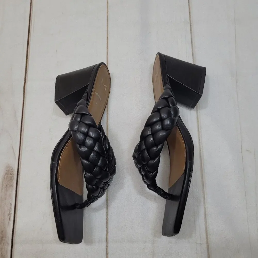 Marc Fisher Norsa braided leather black sandals block heel shoes Flip flop